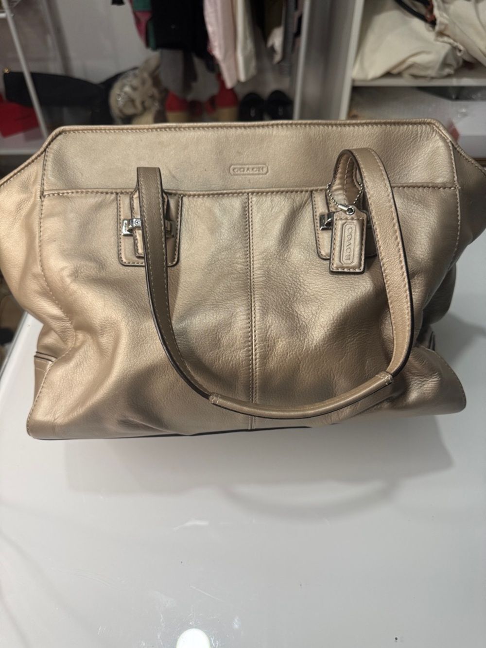 Coach Taylor Alexis carryall tote in a Champagne Gold Metallic Leather.